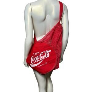 Vintage Coca Cola Mesh Beach Bag Red Drawstring Shoulder Tote Promo